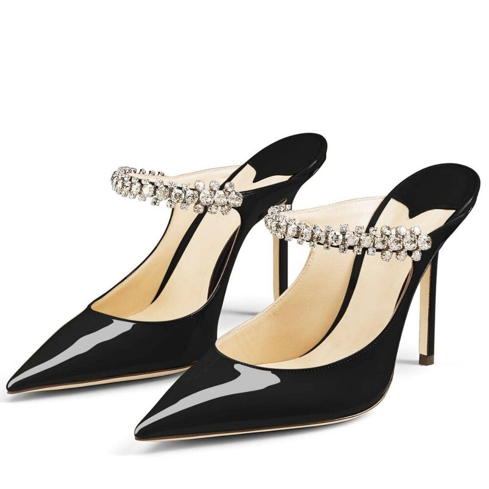 Black Glamorous Women's Rhinestone Strappy Pointed Toe heeled Mules heels